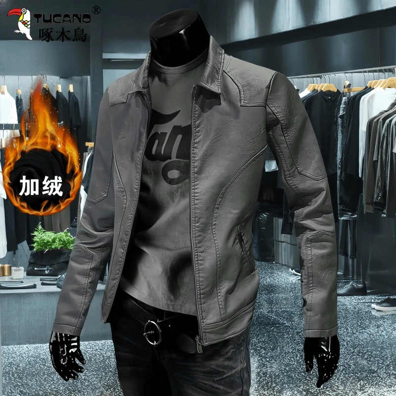 啄木鸟高档商务休闲皮衣男士2024春秋新款男士外套加绒加厚皮夹克