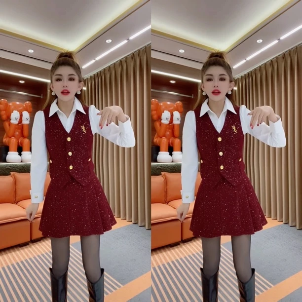 时尚套装女2025秋冬季新款洋气小香风重工亮丝马甲衬衫矮个子套装