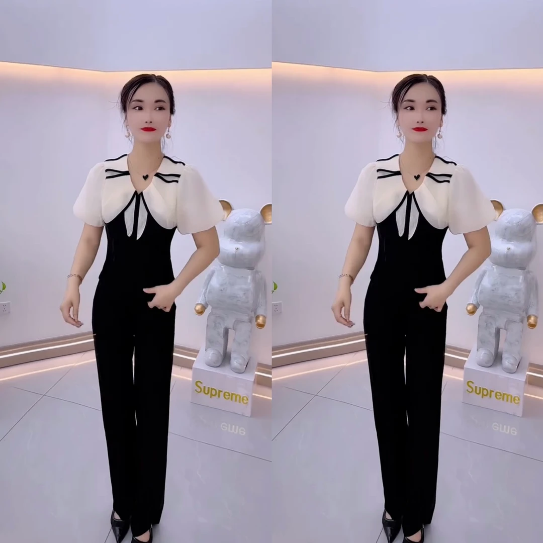 2024年夏季网红新款时尚洋气显瘦撞色蝴蝶结领上衣长裤