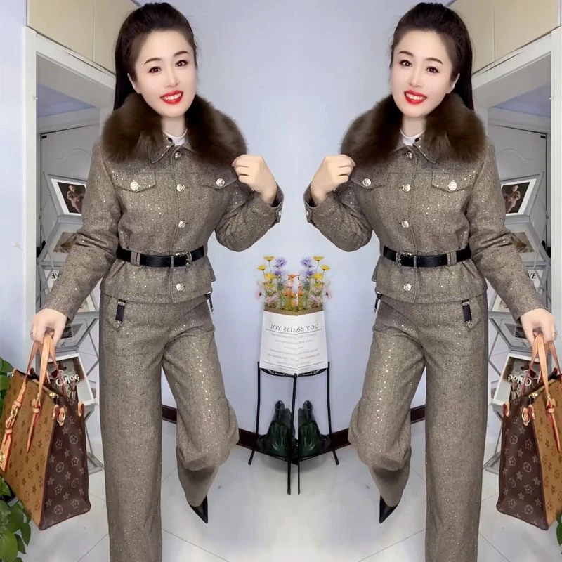 欧货时尚套装女2024秋冬新款气质显瘦百搭短外套阔腿长裤两件套潮