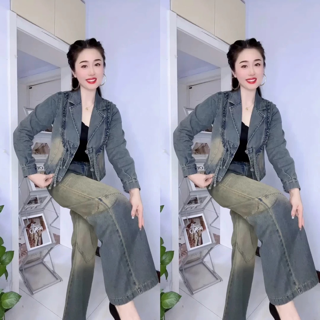 牛仔套装女春秋季减龄显瘦水洗做旧翻领短外套高腰阔腿裤两件套潮