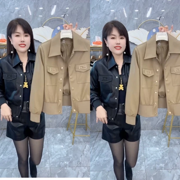 欧货春秋新款翻领休闲皮衣女单排扣方领宽松短夹克网红爆款外套女