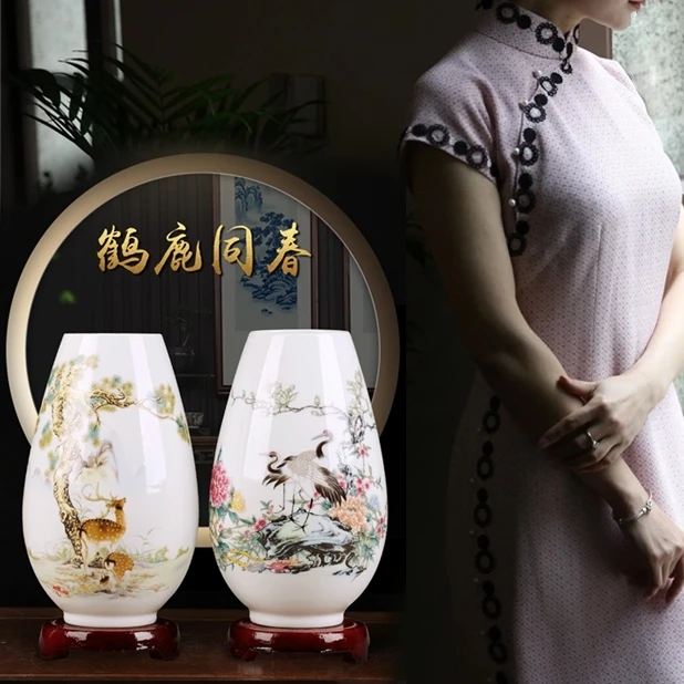 景德镇大师瓷器【鹤鹿同春】新中式摆件，纯手工摆件，手绘高档瓷器