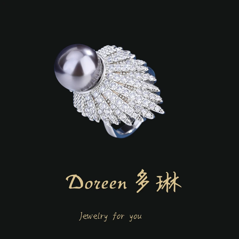 铜合金戒指 极光灰珠珠羽毛戒指NC748