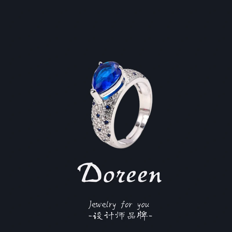 铜合金合成锆石戒指 蓝色水滴星光戒指NC713