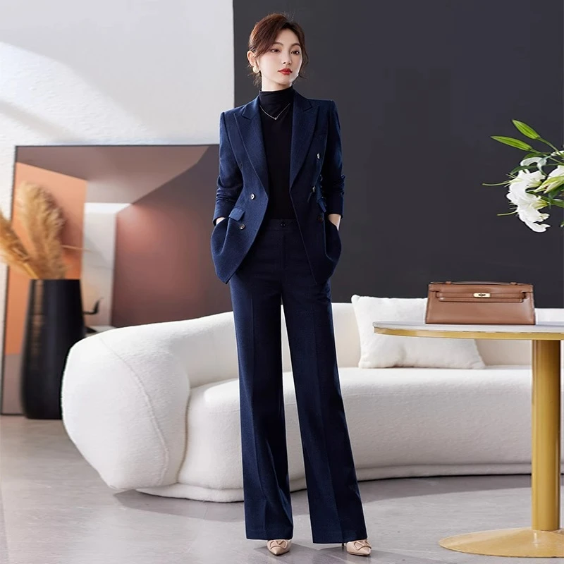 秋冬磨毛职业西装套装喇叭裤女西服黑色工装酒店工作服面试穿搭