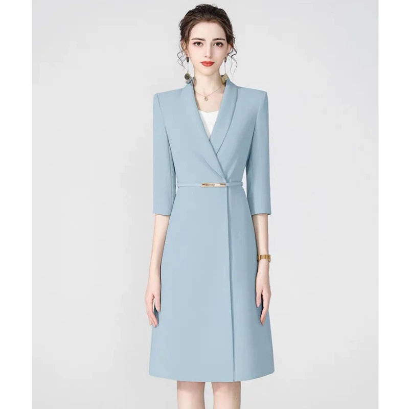 夏季职业西装连衣裙浅蓝色高级感薄款医美顾问经理教师面试正装
