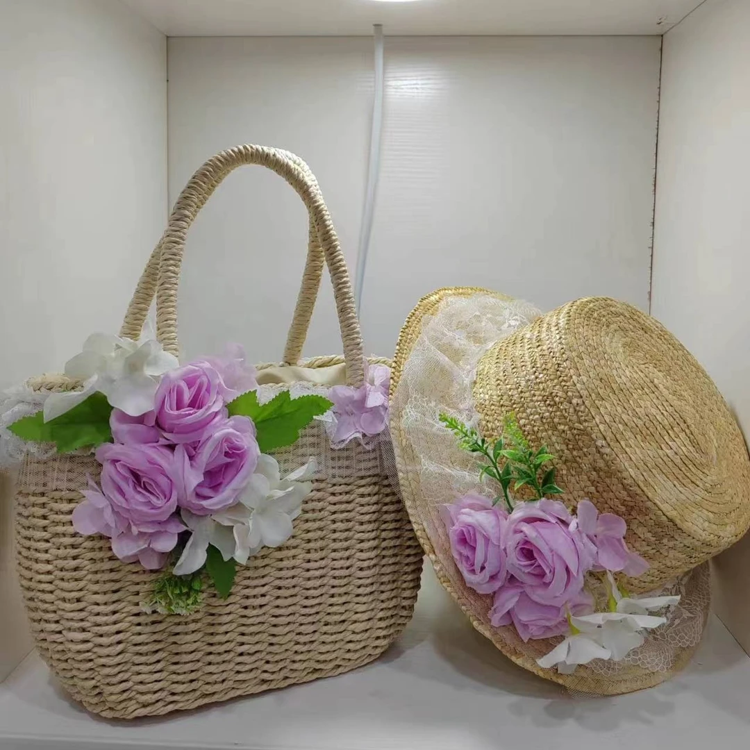 风情玫瑰手工编织包包帽子一整套