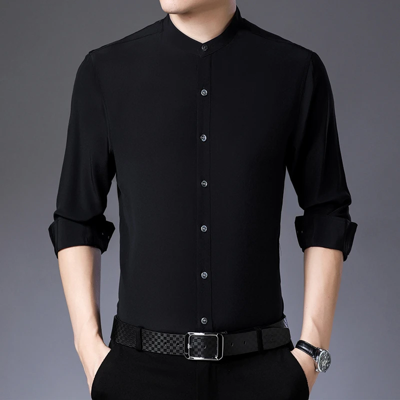 高端桑蚕丝男士长袖衬衫高档春季薄款商务真丝绸无痕立领款衬衣