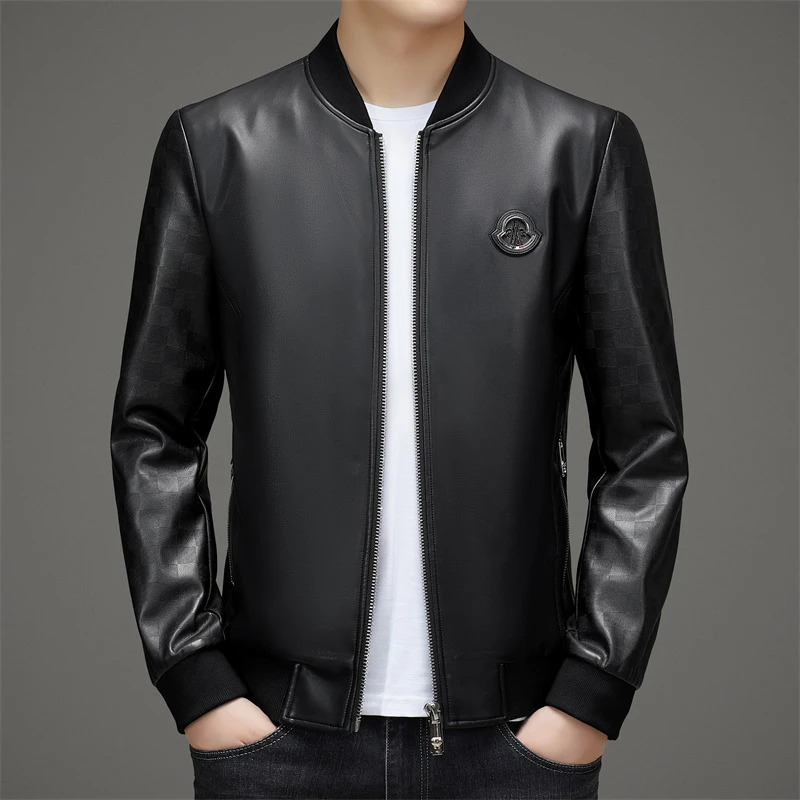 海宁新款男士皮衣薄款皮夹克休闲男外套春秋季帅气棒球领时尚外套
