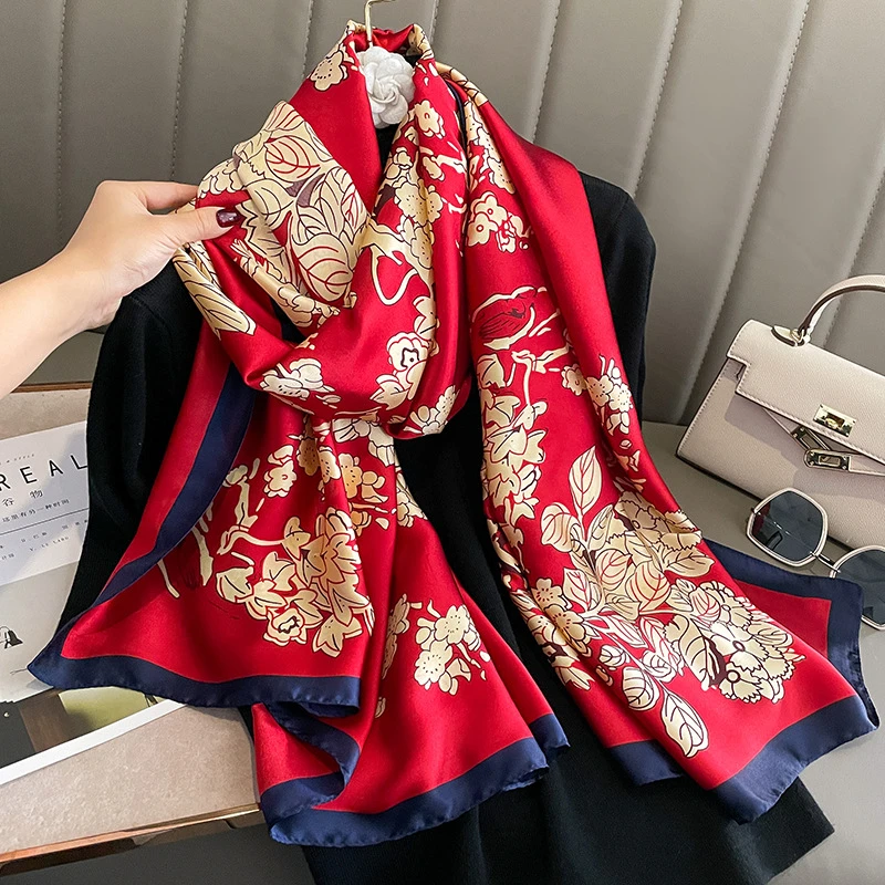 红色杭州丝绸丝巾女百搭纱巾长款两用春夏款韩版洋气时尚围巾披肩