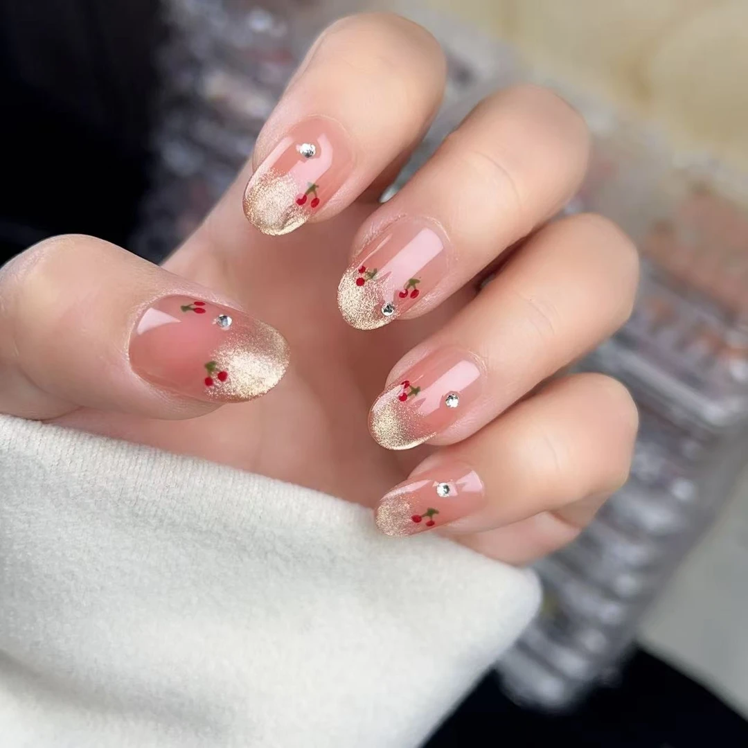 纯手工穿戴甲爆闪渐变猫眼樱桃新款显白纯欲风