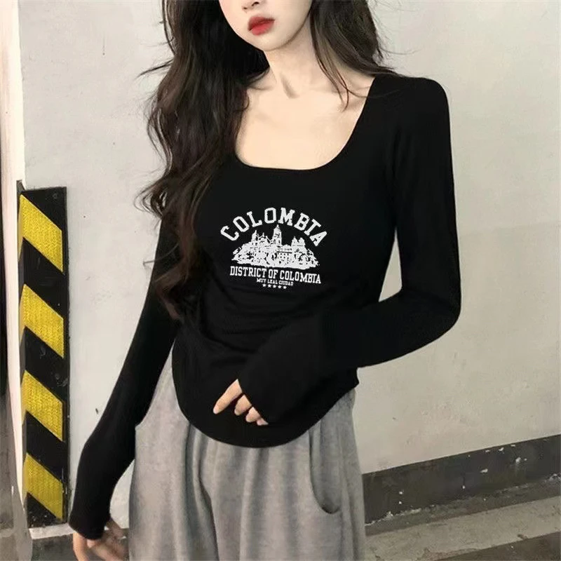 多多推荐【无险城堡纯欲印花长袖T恤】微胖mm设计感显瘦上衣女