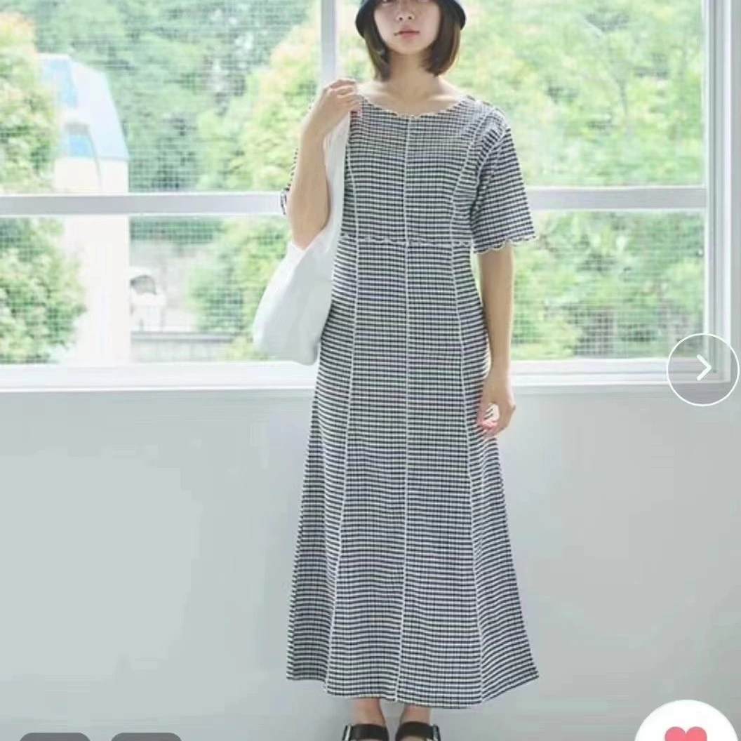 GeeRa-宽松连衣裙显瘦复古复古夏季休闲格子中长款拼接