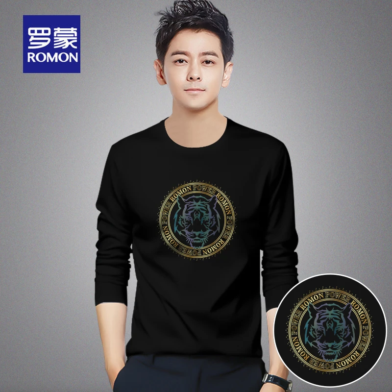 Romon/罗蒙印花长袖t恤男圆领春秋季青年上衣男装内搭打底衫R665