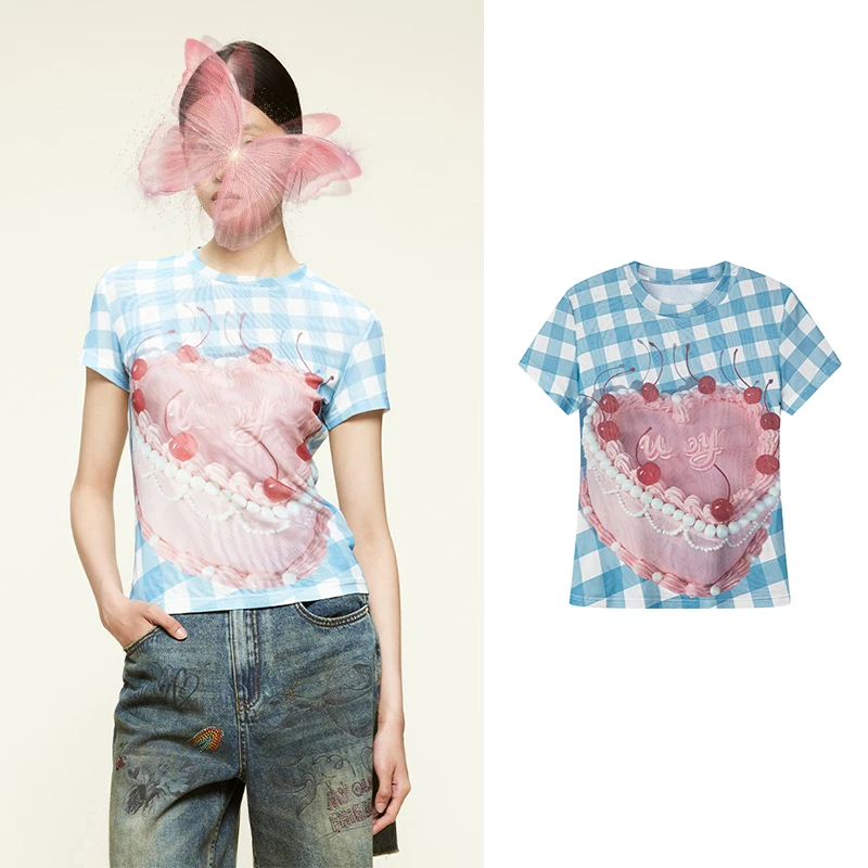 【蛋糕圆领格纹网纱T恤】2025夏季辣妹修身休闲新款立体设计感349