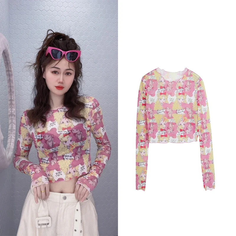 【美少女长袖网纱】2025夏季新款可爱甜美短款修身半透时尚T恤女343