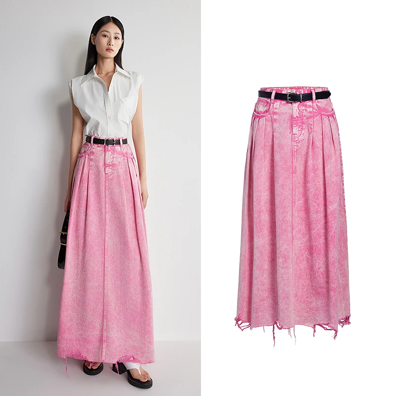 炒花洗水纯棉牛仔半身裙长裙休闲腰带2025新品时尚设计感603