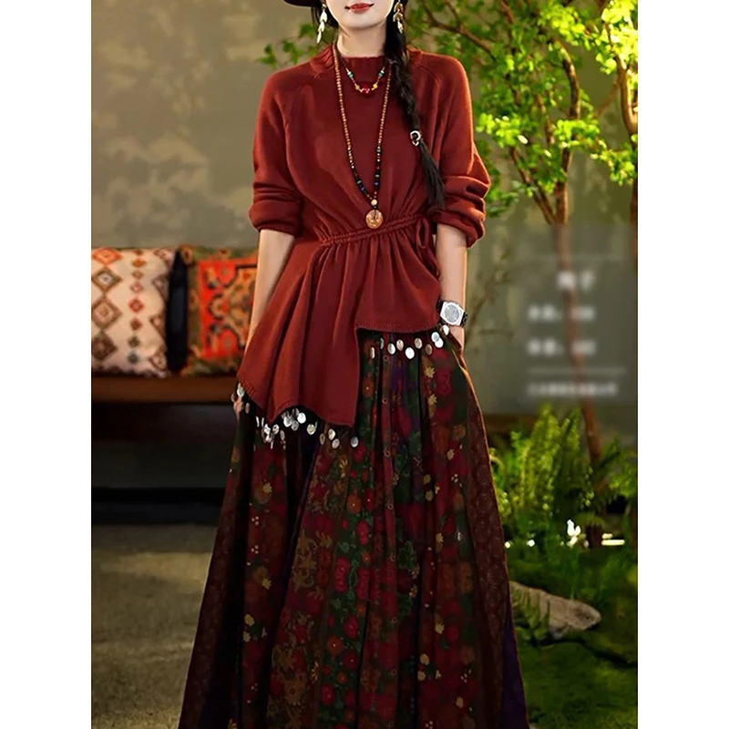 高档洋气裙套装2025秋季新款设计感不规则百搭针织衫+印花半身裙