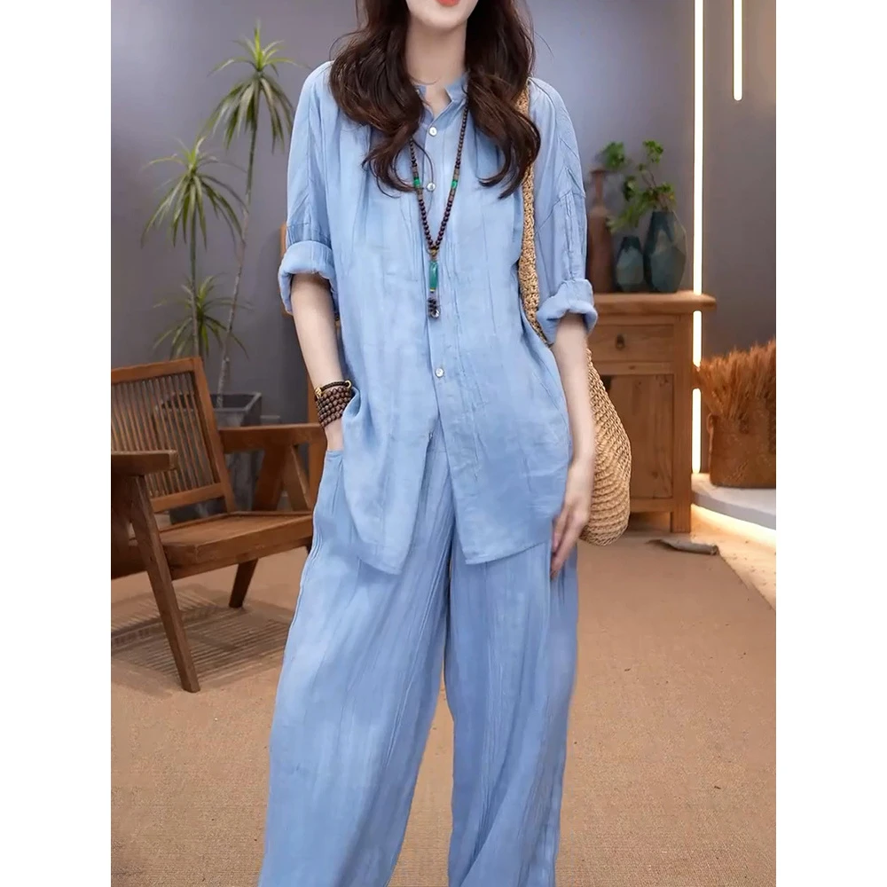 时尚简约休闲风纯色裤套装2025秋装新款百搭显瘦长袖上衣+阔腿裤