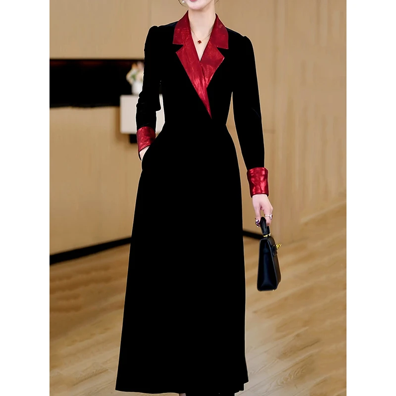 法式名媛范气质端庄拼接长袖连衣裙2025秋冬新款减龄显瘦A字长裙