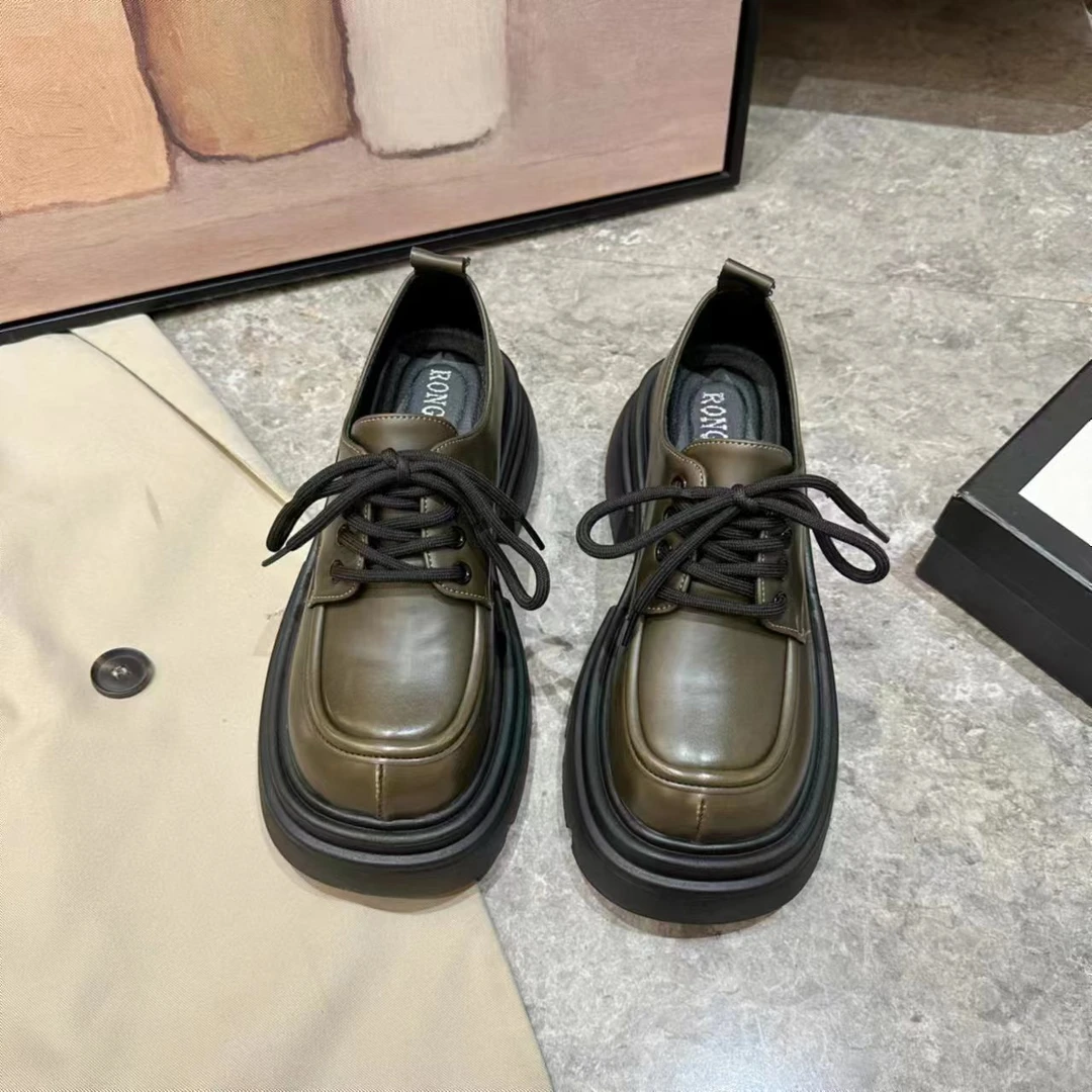 【杭州夏妹专属】真皮英伦风小皮鞋复古黑色粗跟厚底乐福单鞋