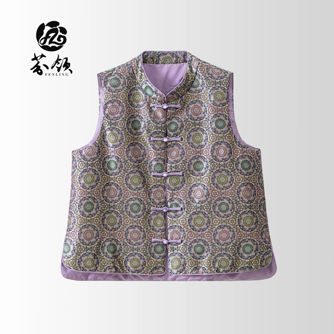 芬领-宝相纹-新国风桑蚕丝40姆米宋锦白鹅绒马甲BX489-491