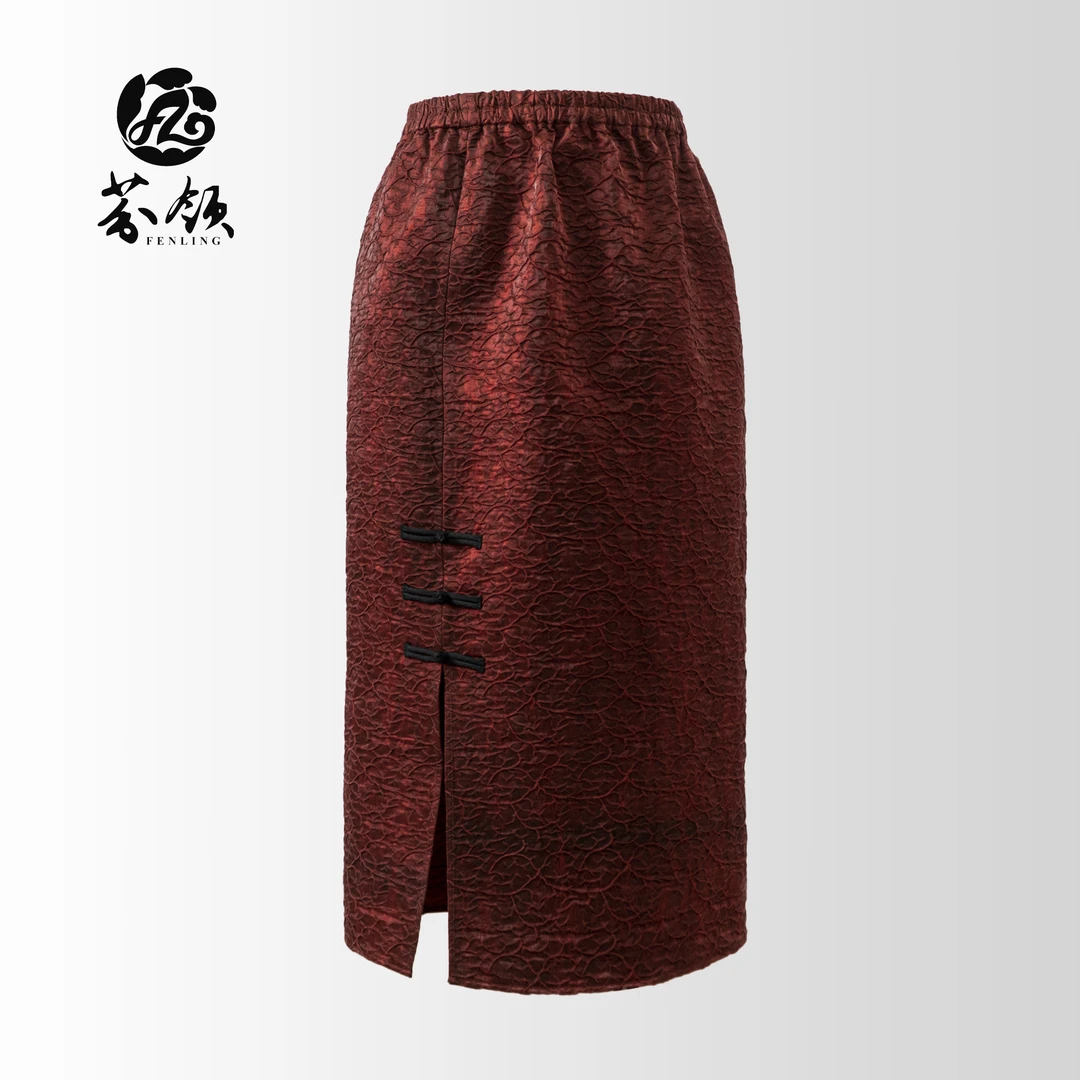 芬领-彩钰·红色-新国风桑蚕丝香云纱锦油绸70姆米半身裙