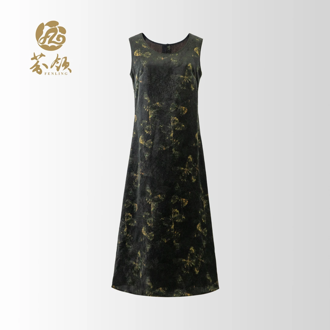 芬领-银河-老料香云纱35姆米小重缎圆领连衣裙显瘦百搭裙SY1178