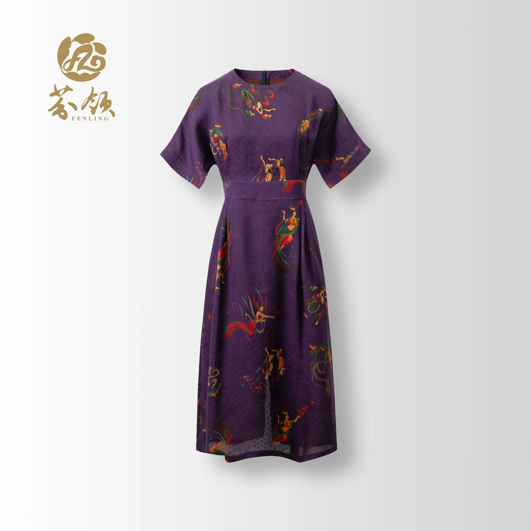 芬领-敦煌飞天-国风非遗桑蚕丝红云纱四经绞罗修腰连衣裙SY1522-S