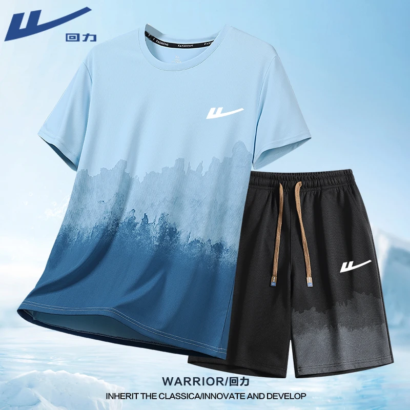回力速干透气跑步运动套装男士夏季短袖短裤宽松大码薄款圆领T恤