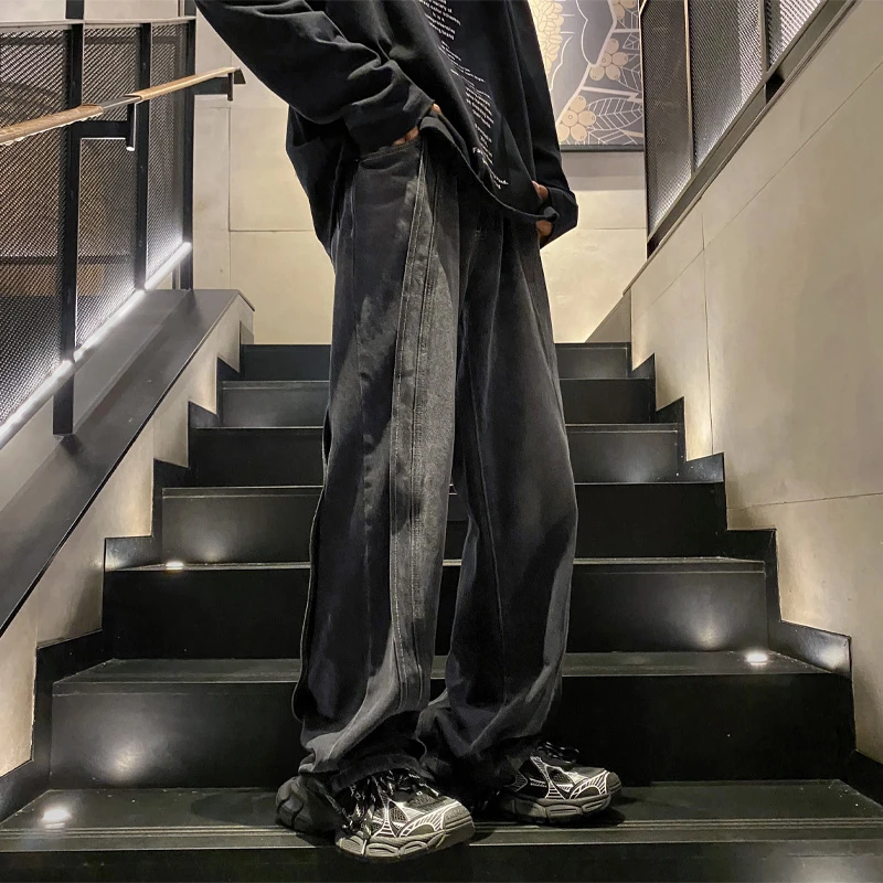 春秋百搭休闲男裤美式复古牛仔裤男设计感小众hiphop工装裤子筒裤