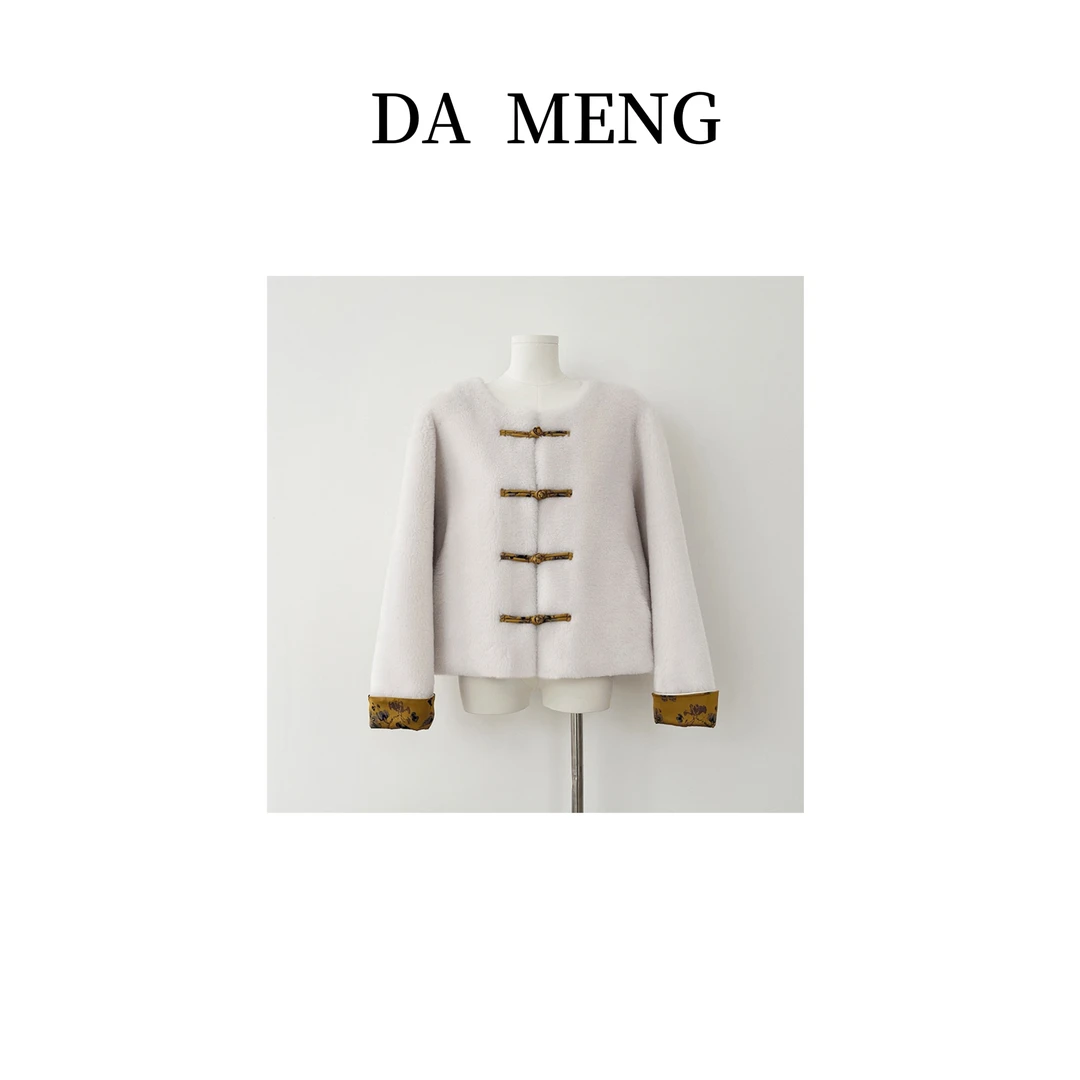 【香蜜】新年款秋冬厚外套无领中国风盘扣皮毛一体上衣女外套