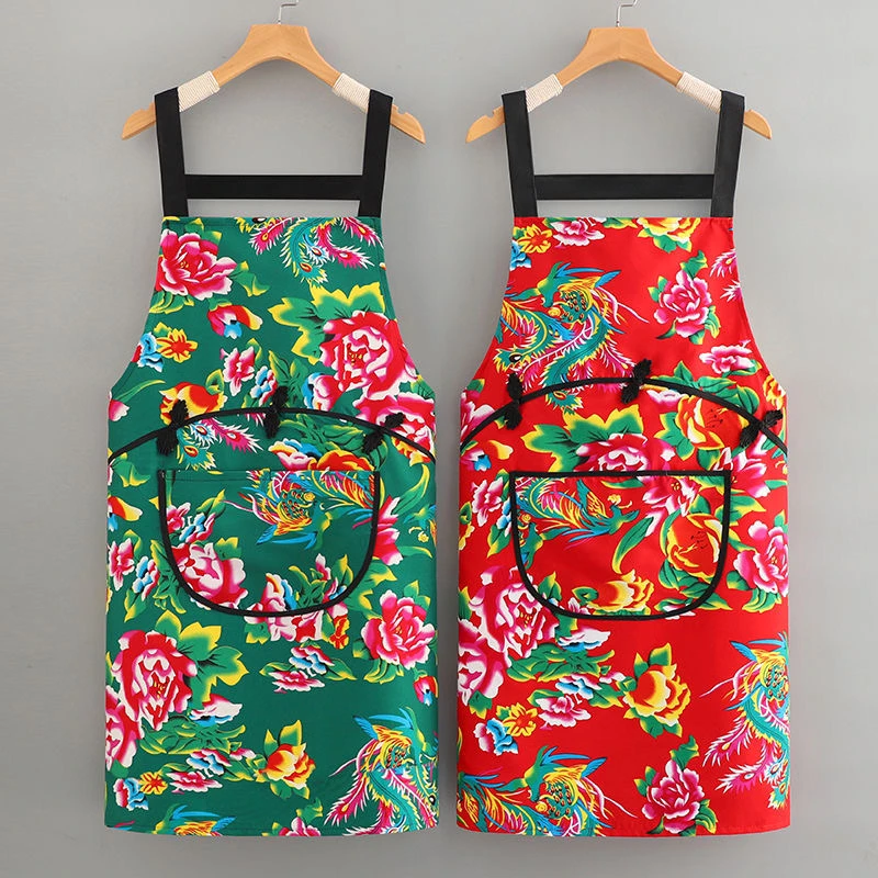 新款东北大花背带围裙厨房农家乐做饭防污家用罩衣工作服民族套装