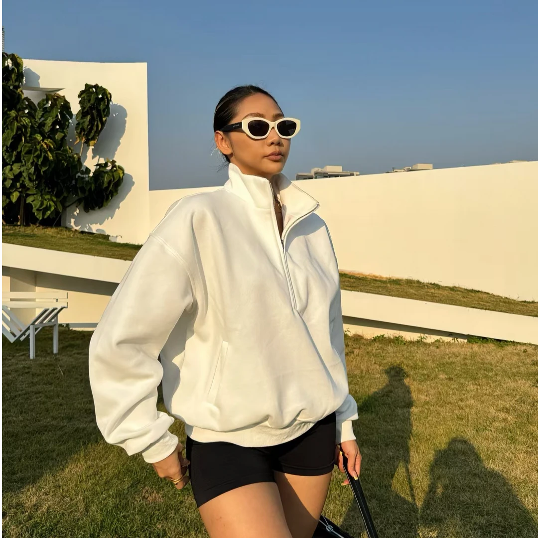 Callie mangan/凯丽梅根立领套头纯色秋季抗起球卫衣拉链长袖开衫