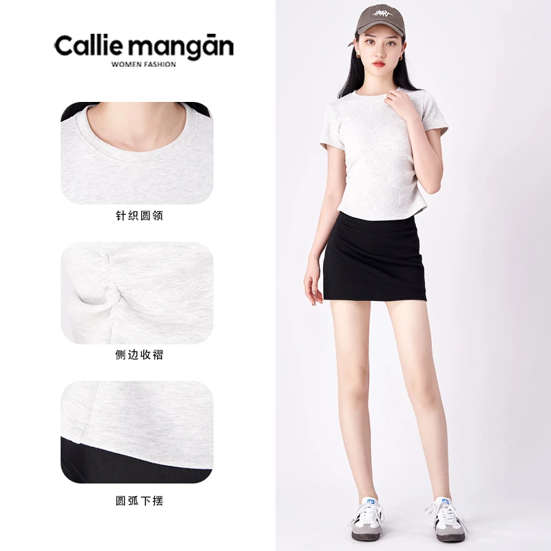 Calliemangan运动跑步夏季休闲透气圆领短袖修身时尚纯色女生显瘦