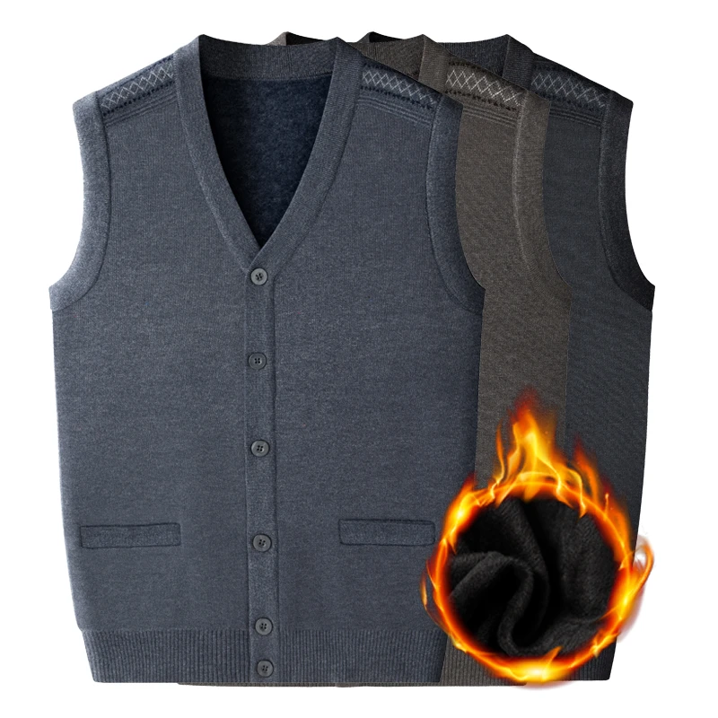 名雷尼【新款特卖价】冬季加绒背心中老年爸爸装针织开衫打底坎肩