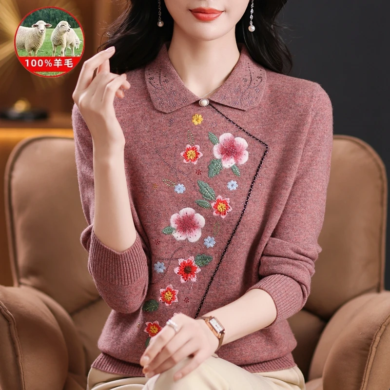100%纯羊毛衫女妈妈毛衣秋冬翻领打底衫中老年女士绣花春秋羊毛衫