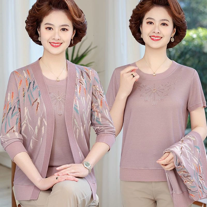 春夏针织衫开衫两件套洋气中老年妈妈装宽松冰丝T恤套装女薄外套