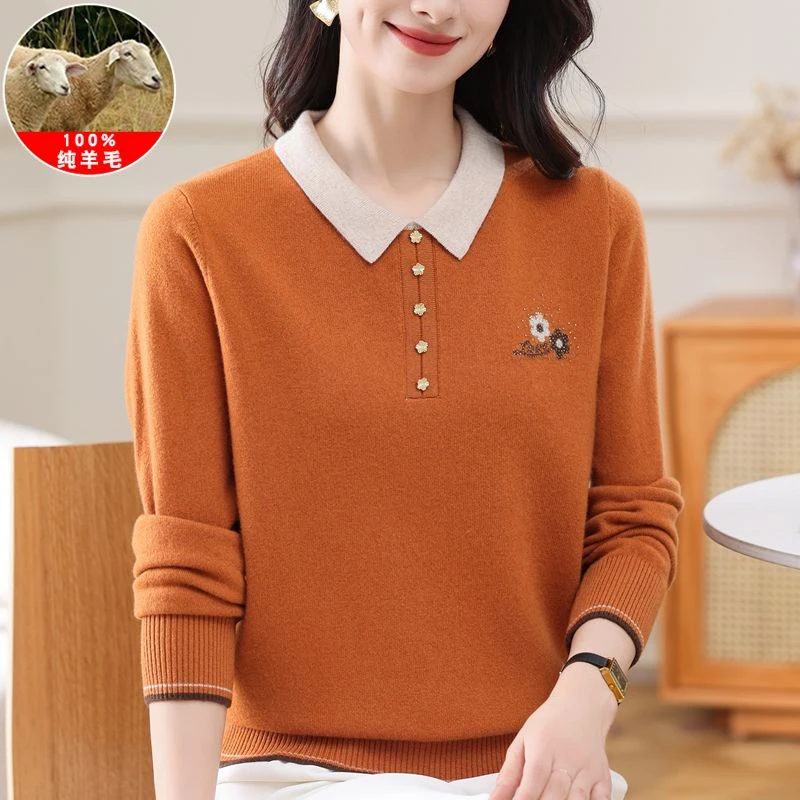 2024秋冬新款中年女士100%绵羊毛翻领时尚高档妈妈装针织羊毛衫