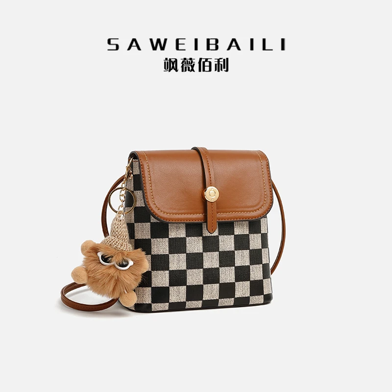 SAWEIBAILI棋盘格棕水桶手机包时尚单肩斜挎包ck-60009-3