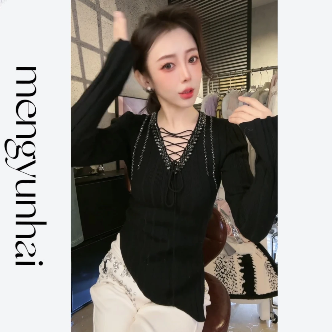 秋冬V领不对称下摆长袖上衣