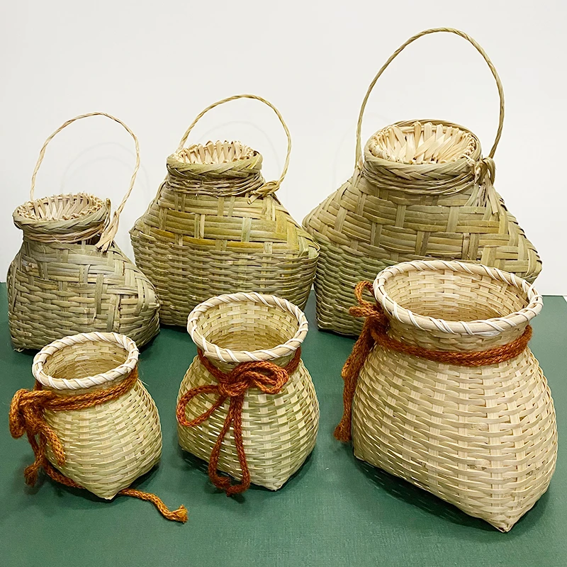 竹编鱼篓手工编织竹背篓钓鱼圆形创意演出竹鱼篓装饰