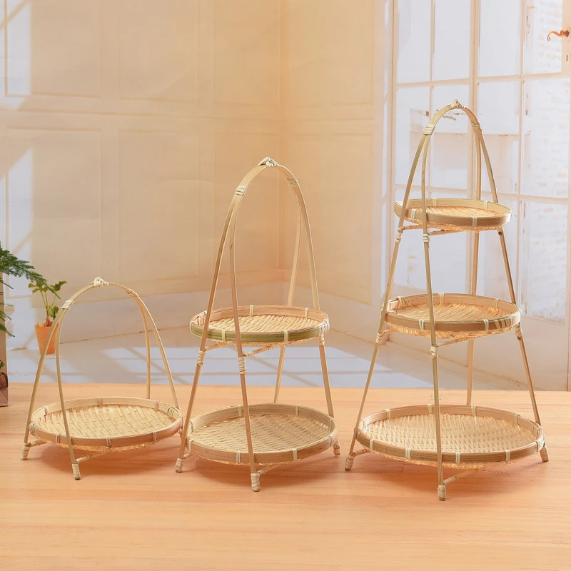 竹编小提篮圆形提手茶点水果篮子 糕点托盘创意小竹篮 多层竹编篮