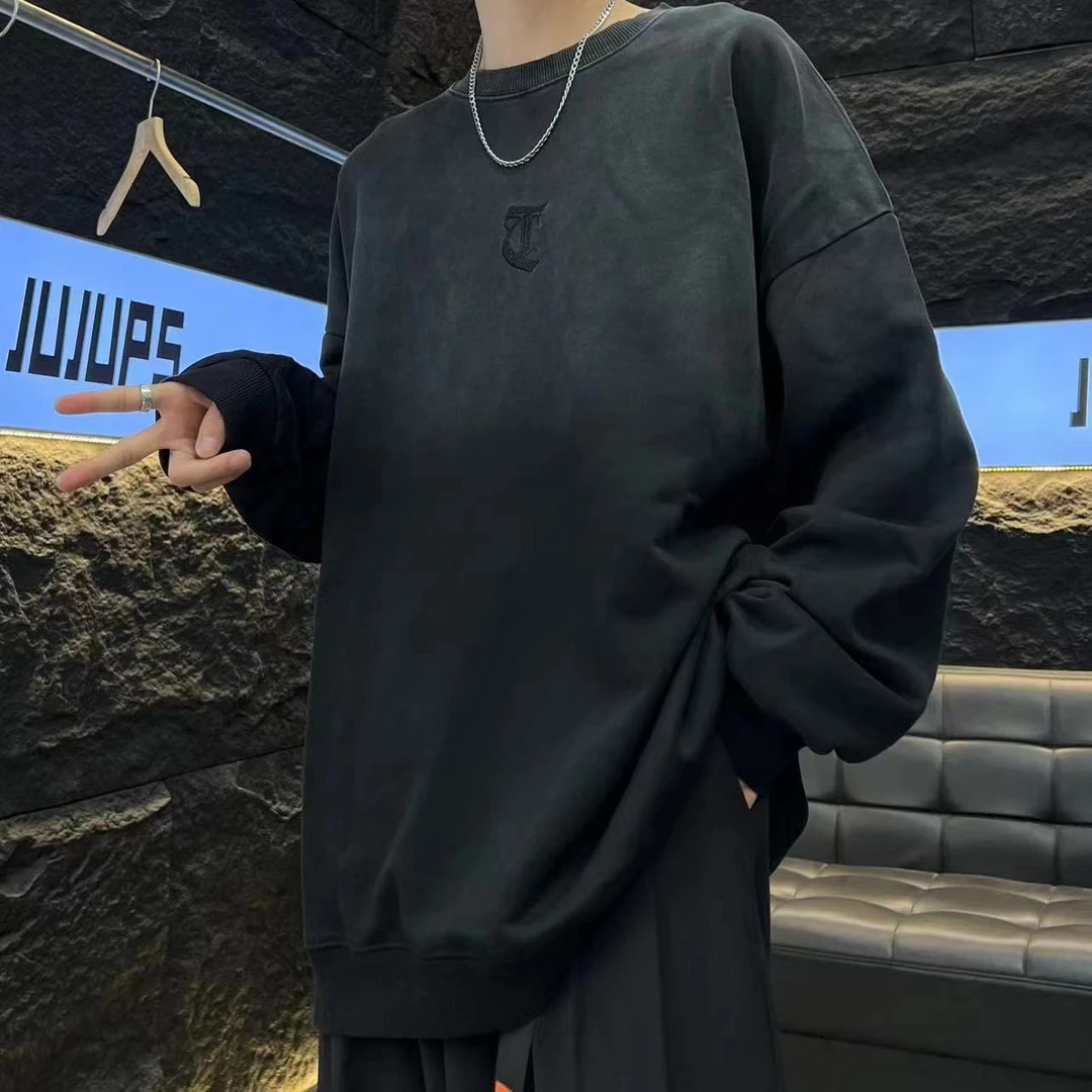 2024春季新款美式街头潮牌复古渐变字母刺绣上衣ins情侣卫衣