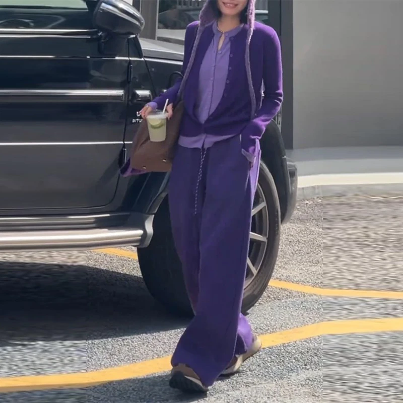 春秋穿搭一整套女装撞色设计感假两件针织衫宽松高腰阔腿裤两件套