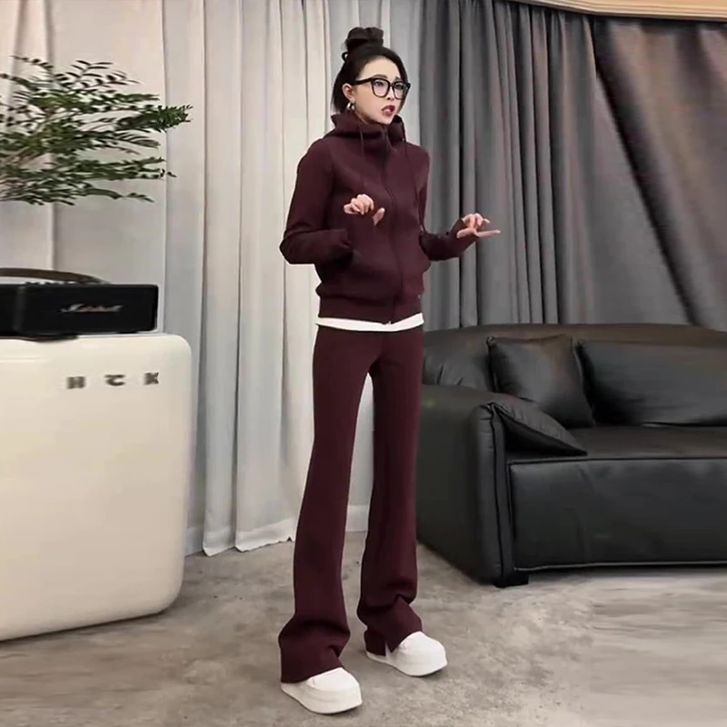 时尚连帽卫衣外套套装女2025新款春季休闲高腰微喇叭休闲裤两件套