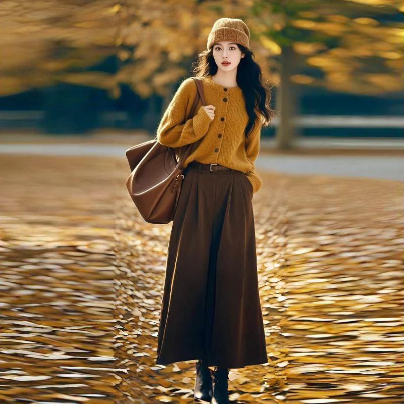 韩系搭配一整套春秋季新款开衫毛衣针织衫女咖色a字半身裙两件套