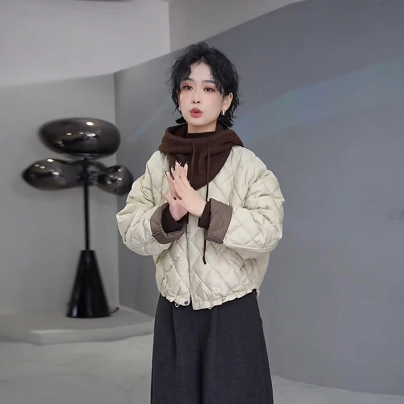 气质休闲拼色棱格棉服短外套女2025冬季新款宽松显瘦加厚保暖棉袄