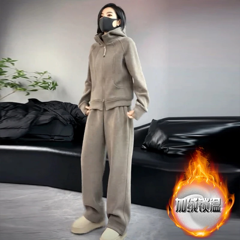 气质设计感开衫卫衣加厚外套入秋一整套穿搭女加绒保暖九分休闲裤